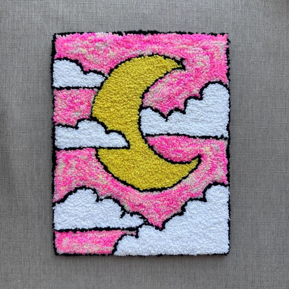 Pink Half Moon Clouds Punch Needle Wall Art 7x9 Inches Decorative Textile for Ho - Picture 2 of 3